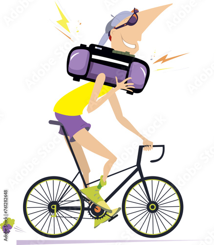 Cartoon person with boom box riding a bicycle. 
Cycling young man listening music on ghetto blaster. Isolated on white background

