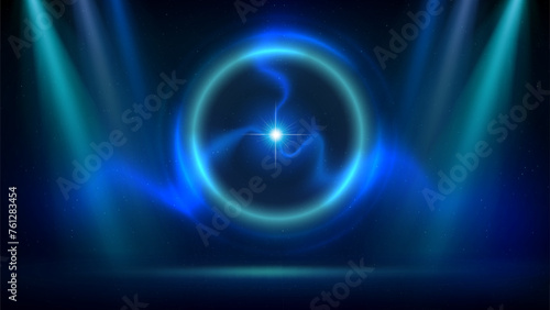 Blue spotlight backdrop. Science experiment. Stage, blue cyan circular lighting background, ball lightning. Fluorescent ring on dark backdrop. Glowing circle. Background displaying products. Vector