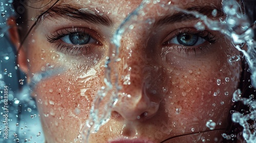 Refreshing Water Splash Close-Up: Woman's Face in Extreme Close-Up