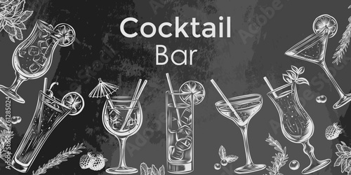 Vector design with hand drawn alcoholic drinks illustration. Vintage beverages sketch background. Retro template isolated on chalkboard with cocktails. Design layout for bar, menu, happy hour