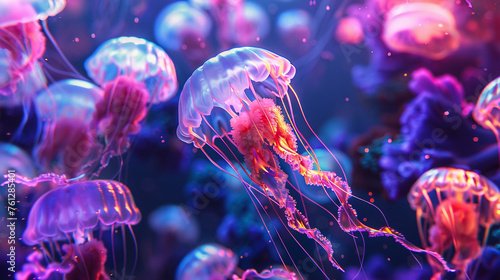 Create a surreal underwater world with neon jellyfish floating gracefully in an oceanic abyss #761285401