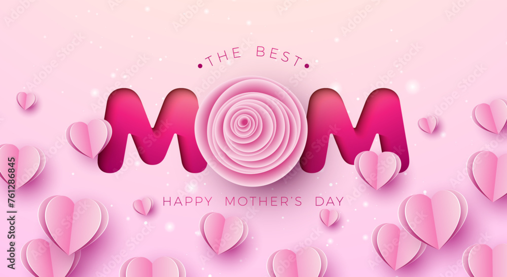 Best Mom Happy Mother's Day Banner or Postcard with Paper Hearts and Rose Flower on Pink Background. Vector Mom Celebration Design with Symbol of Love for Greeting Card, Flyer, Invitation, Brochure
