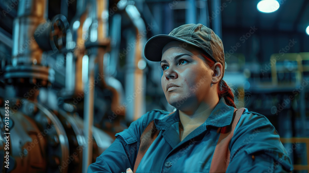 Plus size woman at a mechanical engineering factory in uniform. The concept of women's work in male professions. Plus size woman at a mechanical engineering factory in uniform. The concept of women's work in male professions.
