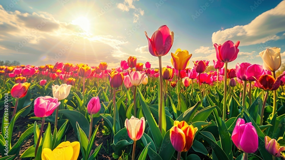 Sunlit scene overlooking the tulip field with many tulips, bright rich color, professional nature photo