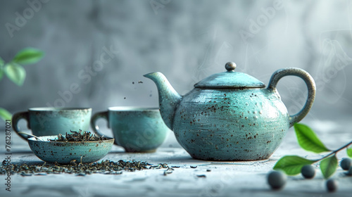 Teapot with cups, bowl of dry tea and leaves on white grunge background. Copy space.