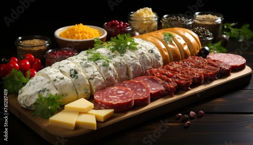 assorted sausage and cheese products on a dark surface, ensuring a visually appealing presentation