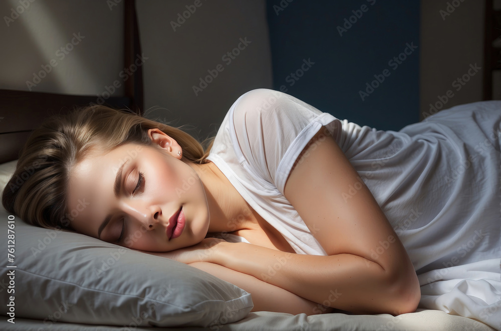beautiful female sleeping peacefully in her bedroom with nature light beautiful female sleeping peacefully in her bedroom with nature light