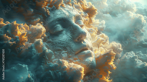 A face is shown in a cloud of white and blue