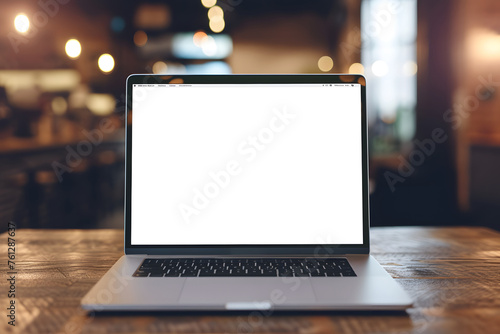 A laptop with a blank white screen on a wooden table in a coffee shop, with a warm and blurred background.