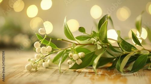 An artistically arranged mistletoe branch with lush green leaves and clusters of white berries, resting on a polished, light birch wood surface. Twinkling lights in the background, festive atmosphere.