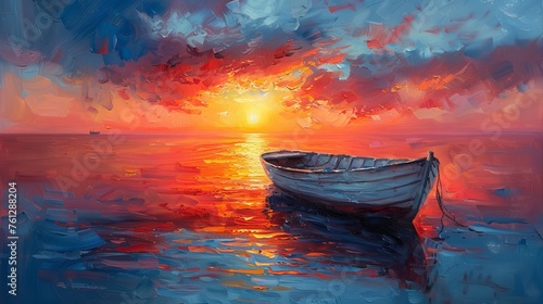 An impressionistic oil painting of a sunset and boats.