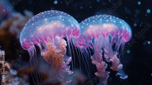 Closeup of Several Beautiful Moon Vibrant Bioluminescent Jellyfish