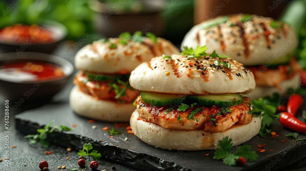 Gua Bao Burger with Crispy Chicken and Red Hot Chili Relish Sauce Buns Gua Bao Burger with Crispy Chicken and Red Hot Chili Relish Sauce Buns