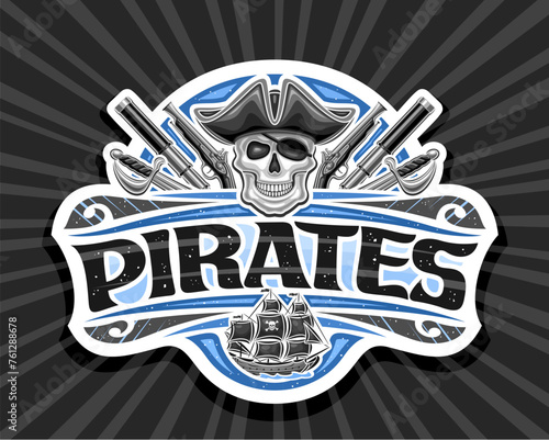 Vector logo for Pirates, decorative cut paper label with illustration of evil smiling pirate skull in old cap and eyepatch for children party, creative mascot with text pirates on striped background