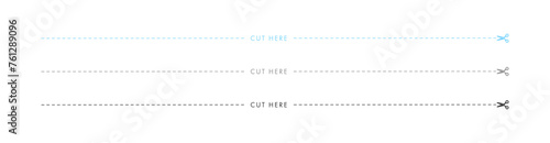 cut hereの文字と切り取り線とハサミのアイコンのセット - 3色 - A判縦の横幅 
