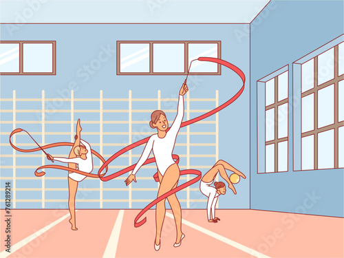 Professional artistic gymnasts train. Athletes workout process, sports equipment, competition preparation, beautiful girls in suits with ribbons and ball, cartoon flat isolated vector concept © YummyBuum