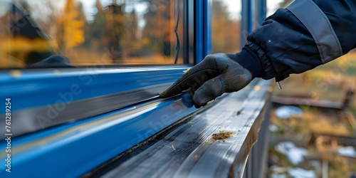 Man preparing rubber tape strips to seal window frame for weatherproofing. Concept Home improvement, Weatherproofing, Window frame, Rubber tape strips, DIY