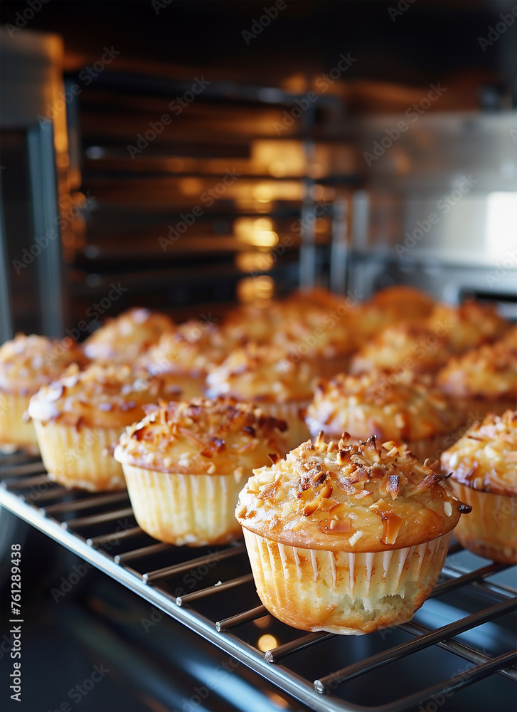 Tasty muffins on oven grate, front view Tasty muffins on oven grate, front view