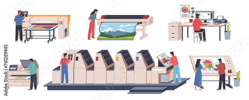 Polygraph equipment. Printing house, workers at machines, printed materials, newspapers and books, automated production. Typography press process cartoon flat isolated nowaday vector set