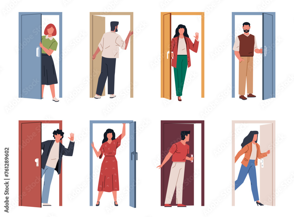 People with doors. Entering and exiting house, visitors use doorways ...