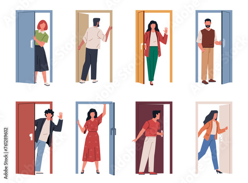 People with doors. Entering and exiting house, visitors use doorways, build residents and employees come back and leave, exit and entrance, nowaday cartoon flat style isolated vector set