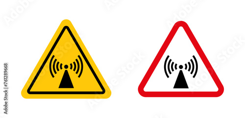 Non ionizing radiation hazard sign. xray radiotherapy warning vector symbol. infrared rays zone caution icon. No ionising wave triangle yellow and black sign. photo
