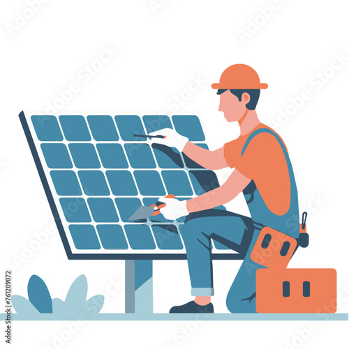 solar panels on the roof, worker working on solar panels