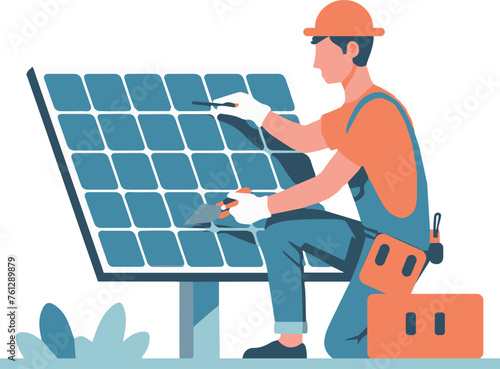 solar panels on the roof, worker working on solar panels