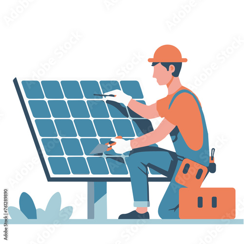 solar panels on the roof, worker working on solar panels