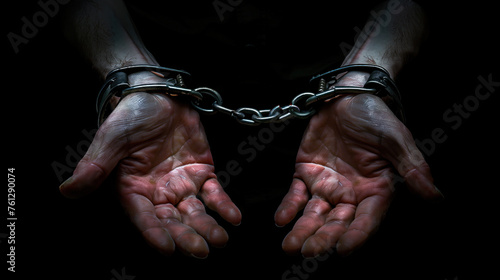 A close-up view of worn hands bound by heavy chains. Concept of restraint and the human condition.