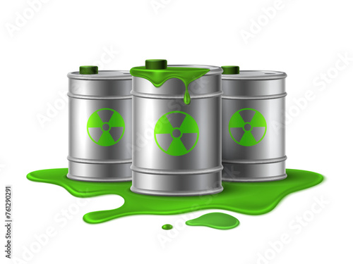 Nuclear waste. Barrels hazard, green toxic liquid. Radioactive industrial danger substance, environmental pollution. Biohazard garbage, containers with caution sign. Realistic vector concept