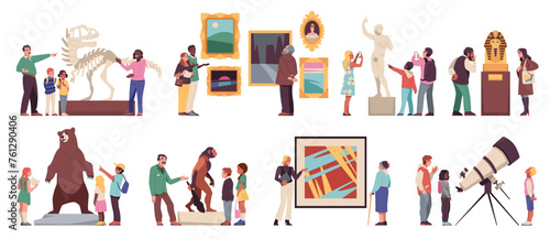 Museum visitors characters. People looking ancient exhibits and modern art, guides tell story of objects, self education, artistic and historical and scientific exhibition cartoon tidy vector set
