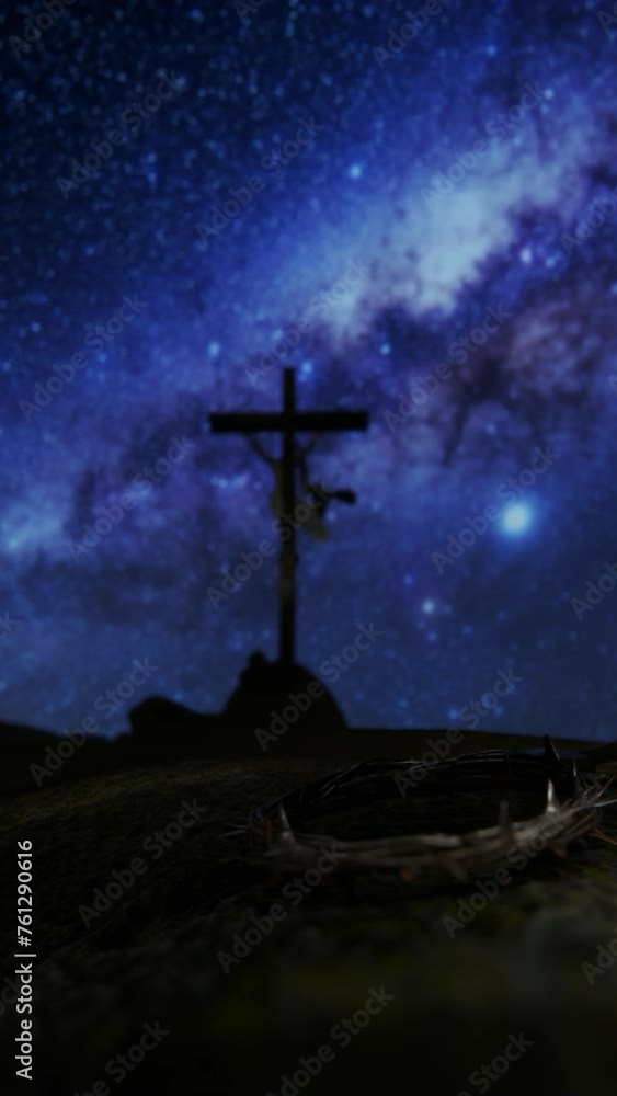 Crucifixion of Jesus Christ with thorn crown, nails, hammer and a rope ...