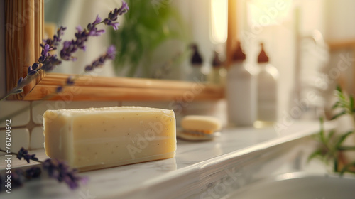 Organic handmade soap with lavender close-up against the background of a minimalist bathroom interior with a mirror in a wooden frame, soft light photo