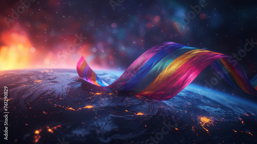 Cosmic Dance of a Rainbow Ribbon Around Earth  © Nuchin