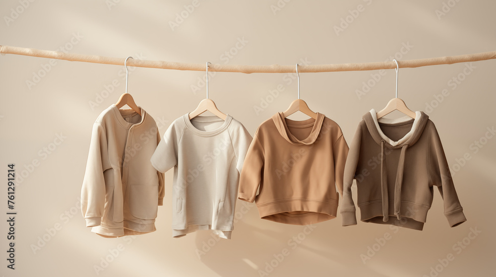 Rustic children's clothes made from natural fabrics hanging on a rope on a neutral pastel background. Front view. soft light Rustic children's clothes made from natural fabrics hanging on a rope on a neutral pastel background. Front view. soft light