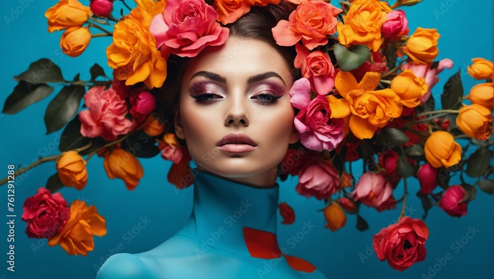 Striking fashion portrait of model with flowers encircling her neck and shoulders on blue background Striking fashion portrait of model with flowers encircling her neck and shoulders on blue background
