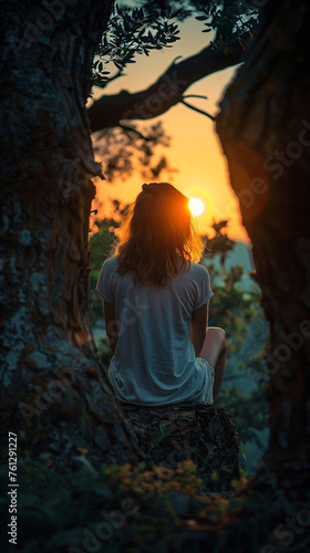 girl under a tree watching the sunset