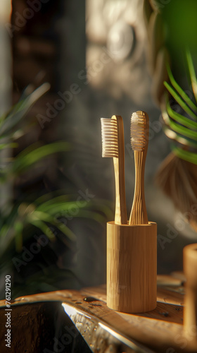 Two wooden organic toothbrushes on a wooden stand in a cozy bathroom interior