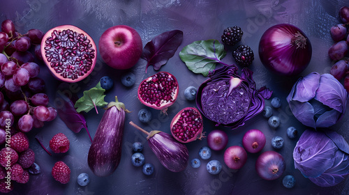 Various purple fruits and vegetables on a dark purple background, top view, flat lay