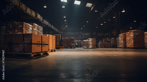 Warehouse interior dark background. Empty warehouse with a box on the floor