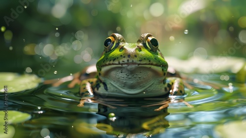 common water frog on a green pond; the frogs are also known as the European common frog or European grass fro