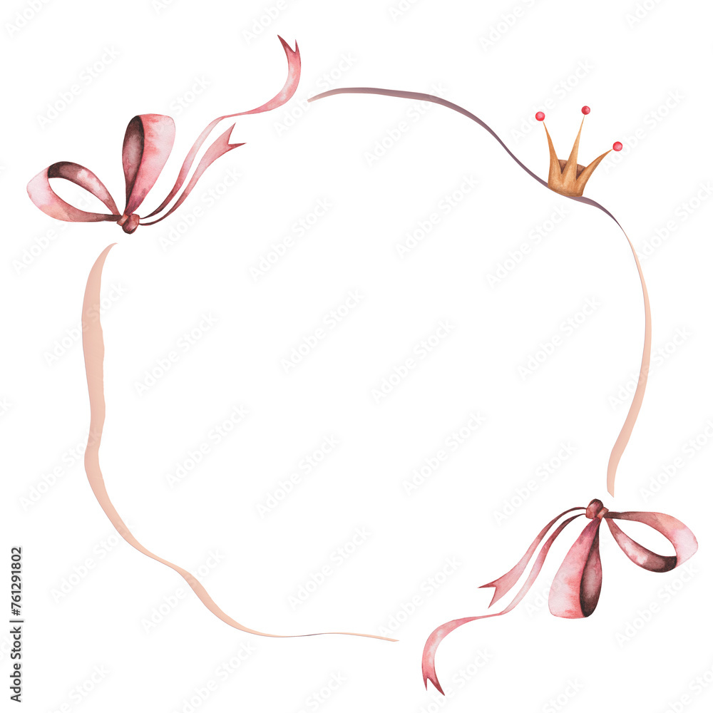 Frame with bows. Watercolor elegant pink bows and ribbons in a round wreath. Isolated clip art on white background. Round border for decorating cards and invitations for weddings and birthdays Frame with bows. Watercolor elegant pink bows and ribbons in a round wreath. Isolated clip art on white background. Round border for decorating cards and invitations for weddings and birthdays