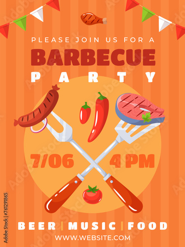 Barbecue party invitation. Grilled sausage and salmon steak, summer bbq event, cooking outdoor, family and friends weekend, poster template, cartoon flat style isolated vector concept