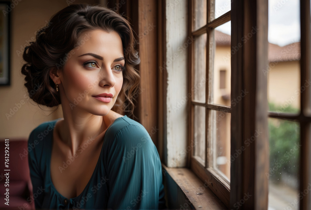 image of a beautiful female looking on a windowsill image of a beautiful female looking on a windowsill