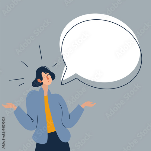 Surprised woman and speech bubble above her. Flat cartoon vector illustration.