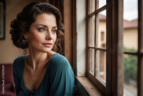 image of a beautiful female looking on a windowsill