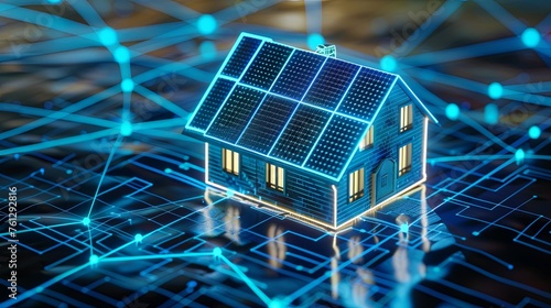 3D rendering of a house with solar panels on the roof and digital network connections in the background