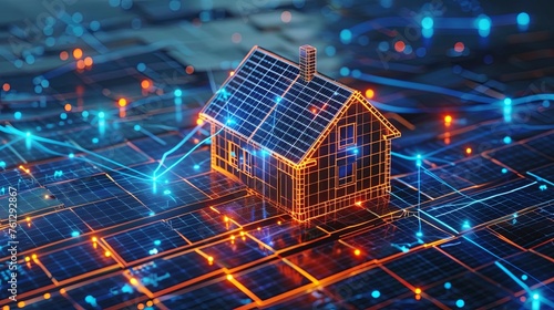 3D rendering of a house with solar panels on the roof and digital network connections in the background photo
