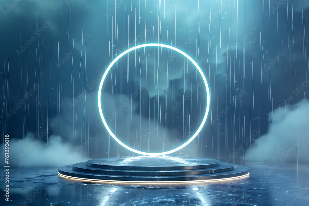 Fototapeta premium A stunning 3D podium featuring a rain-themed design, with realistic water droplets and a reflective surface, ideal for showcasing products in a fresh and dynamic setting